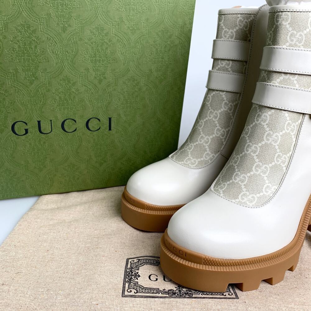 NIB Gucci Gg Canvas And Leather Ankle Boots In White Size 39.5